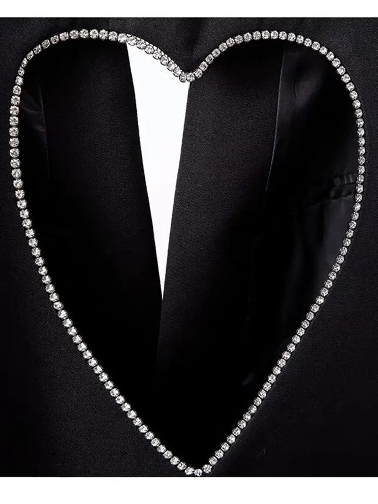 Fashion Runway Open Back Heart Diamonds Blazer Coat Women Sexy Chic Notched Suit Single Button Black Jacket Loose Outerwear