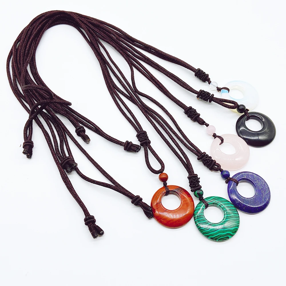 

Mineraali Opal Malachite Artificial Hollow Out Round Stone Pendant Black Rope Natural Lapis Lazuli Rose Quartz Genuine Gemstones
