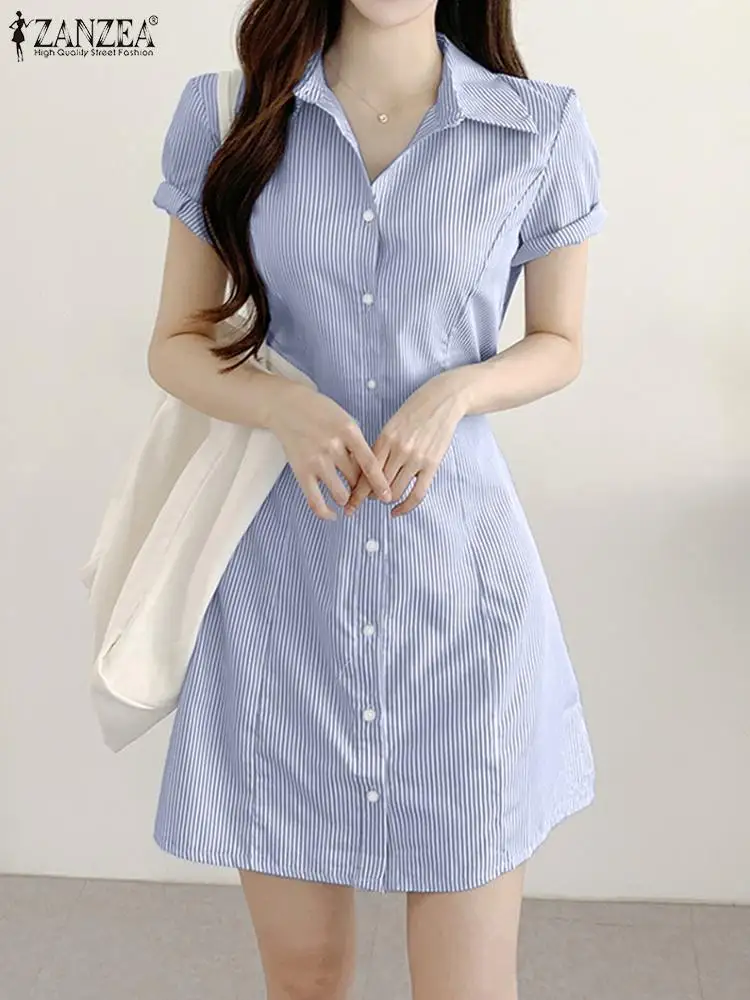 Платье ZANZEA женское в полоску модный Повседневный Сарафан с отложным воротником и