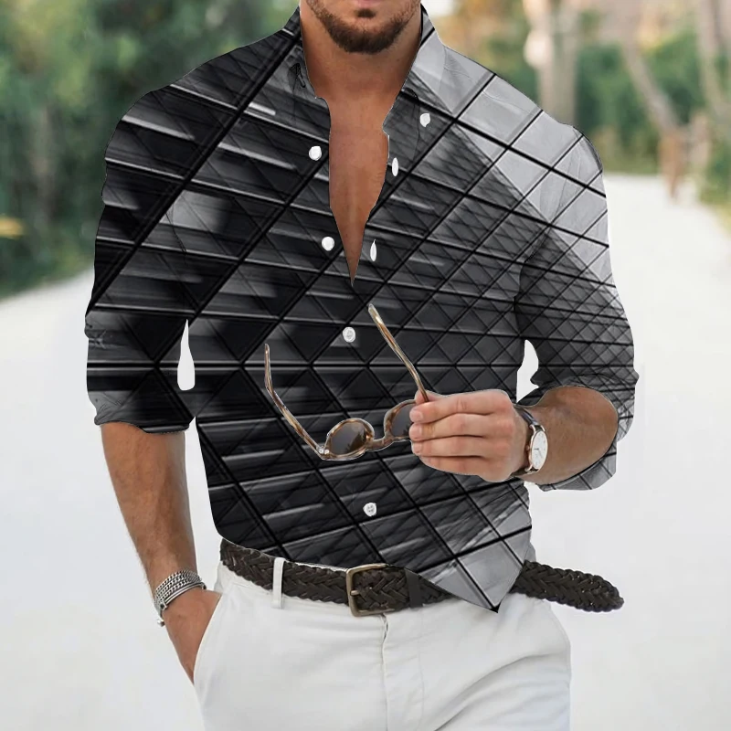 Spring Summer Top Shirt Men Fashion Long Sleeve Geometric 3D Print Beach Casual Single Breasted Lapel Shirt