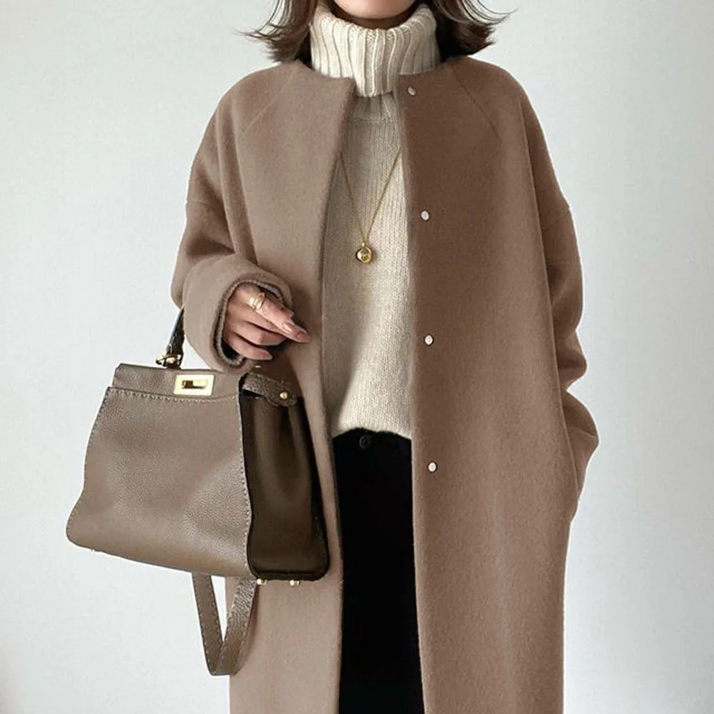 

Long Wool Coat for Women Elegant Winter Commuter Straight Cotton Round Neck Beltless Single-breasted Coats and Jackets Women