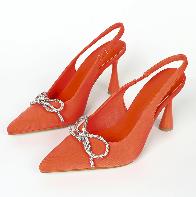 

2022 Summer Back Strap Slingback Sandals Luxury High Heel Pump Lady Orange Sweet Crystal Bow Mules Pointed Toe Dress Party Shoes