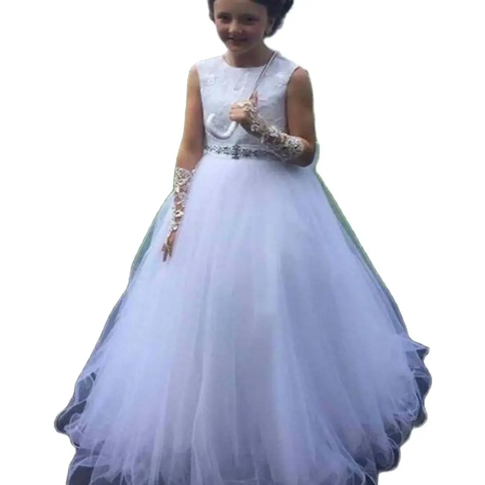 

2-14 Years Wedding Flower Girls Dresses O-Neck A-Line Lace Applique Sleeveless Party Dress For Girls First Communion Dresses wit