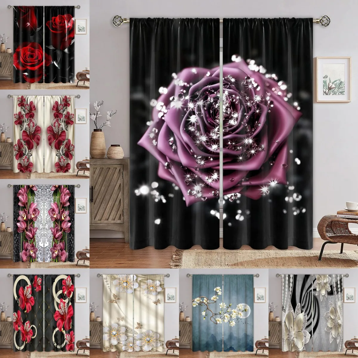 

Red Rose Printed Curtain for Bedroom and Living Room 2 Pieces of Narrow Width Modern Aesthetically Printed Curtain