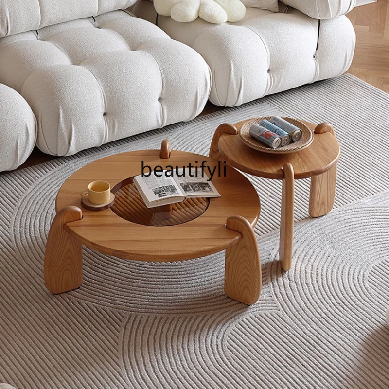 

Cream Style Living Room Ash Wood Tea Table Combination Small Apartment Nordic round Tawny Glass Side Table furniture