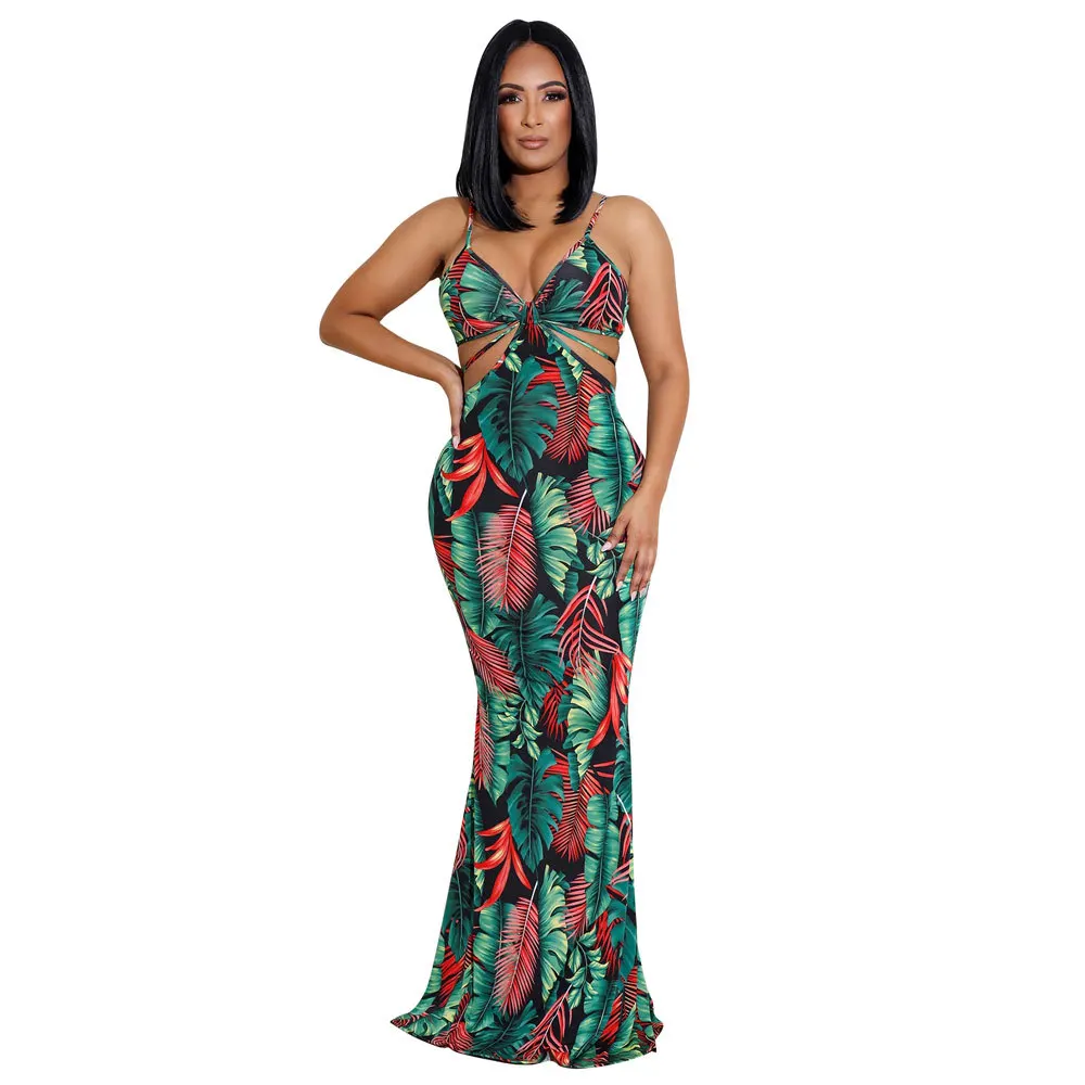 

Женское летнее платье с принтом листьев, сексуальное платье макси с V-образным вырезом и вырезом на тонких бретельках, пляжный сарафан на шнуровке, облегающие длинные платья
