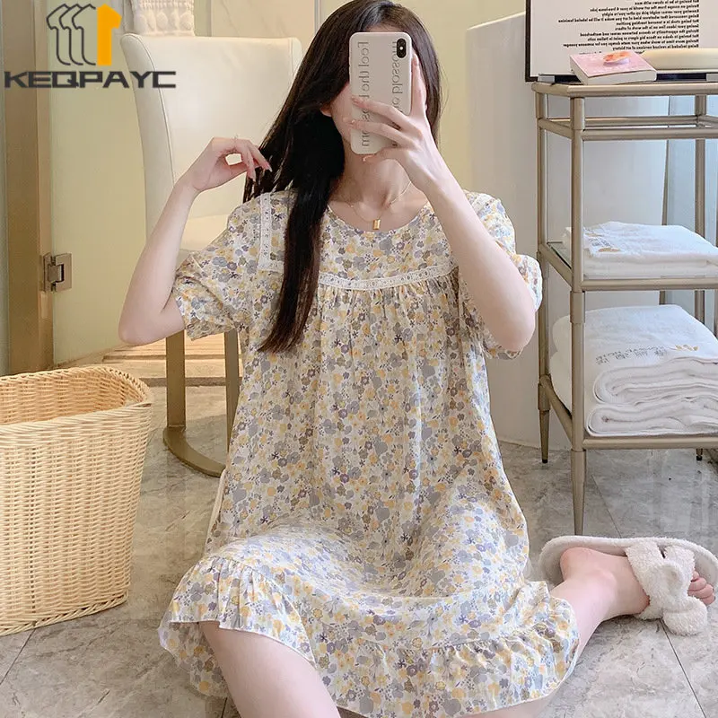 New Women's Sweet Nightgowns Spring Summer Women Fashion Short Sleeve O-neck Floral Thin Loose Dress Sleepwear Casual Pajamas