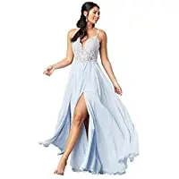 

rtrh Women's Long Prom Dress V Neck Spaghetti Straps Lace Bodice Bridesmaid Dress with Slit Evening Party Gown Light Blue US24