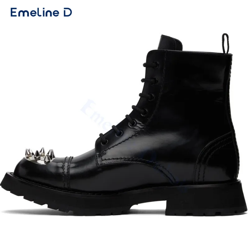 Сапоги на шнуровке с круглым носком черные кожаные повседневные ботинки