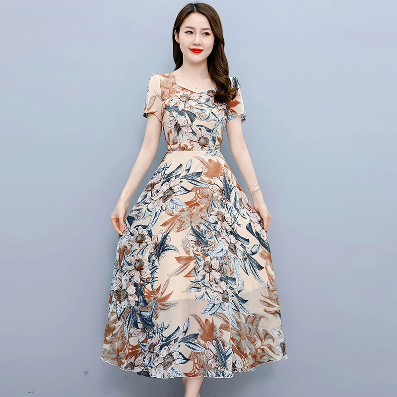 

2023 summer new loose large size dress temperament floral waist collection mid-length dress