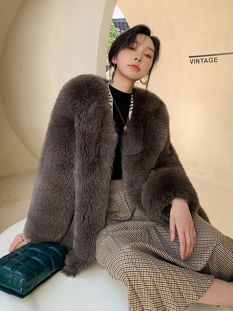 Imported Real Fox Fur Genuine Fur Women Winter Jacket Women's Mid-length V-neck Warm Wool Coat Winter New Streetwear Women enlarge