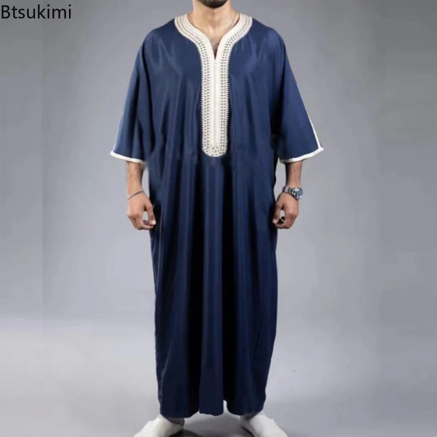 New 2023 Eid Ramadan Muslim Fashion V Neck Navy Blue Robe Sets Abaya Men Retro Modern Casual Loose Solid Color Islamic Clothing