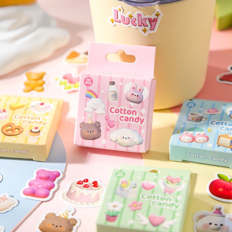 

50 Sheets Kawaii Boxed Stickers Cotton Candy Series Cartoon Small Pattern Seal Stickers For Diary Hand Account Decoration