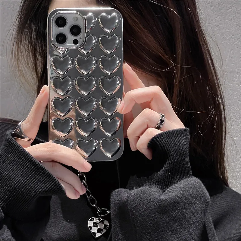 

Luxury Love heart silver 3D Case For iphone 14 13 12 Mini 11 Pro XS Max X XR SE2020 6S 6 7 8 Plus Cute Soft Tpu Back Phone Cover