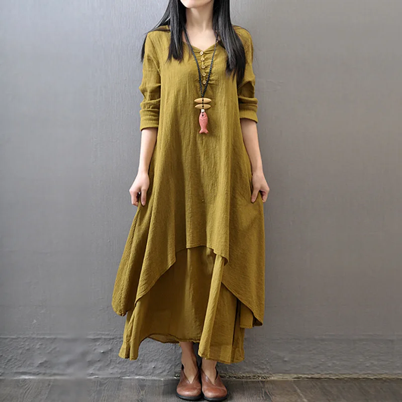 

2022 Fake 2 Pieces Vintage Dress Cotton Linen V Neck Swing Loose Maxi Dress Women Summer A-Line Long Sleeve Dress Spring Autumn