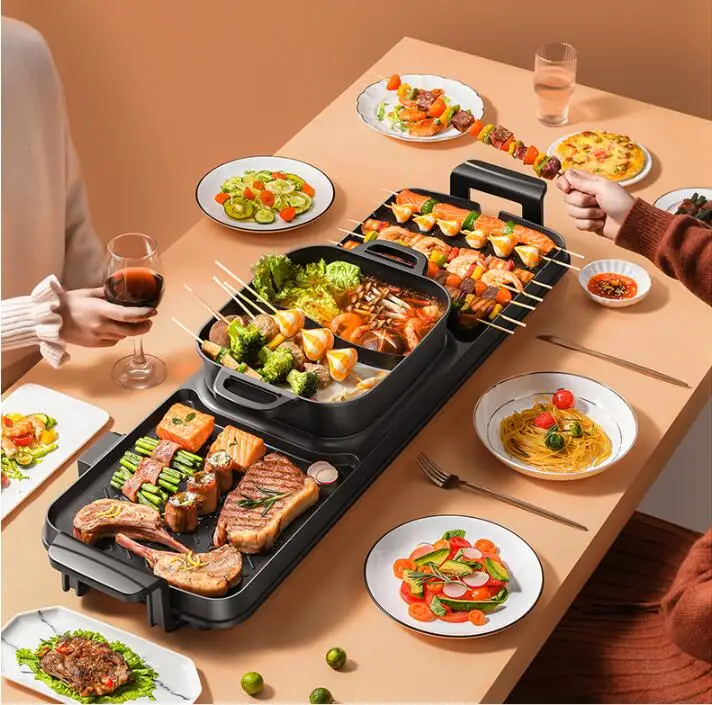 220v 2 in 1 household electric grill hot pot electric barbecue grill multi function bbq machine frying pan free global shipping