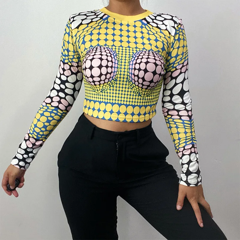 

2021 Fall Female Clothing Streetwear Wholesale Items Women Autumn Long Sleeve Printed Slim Fashion T Shirt Crop Tops
