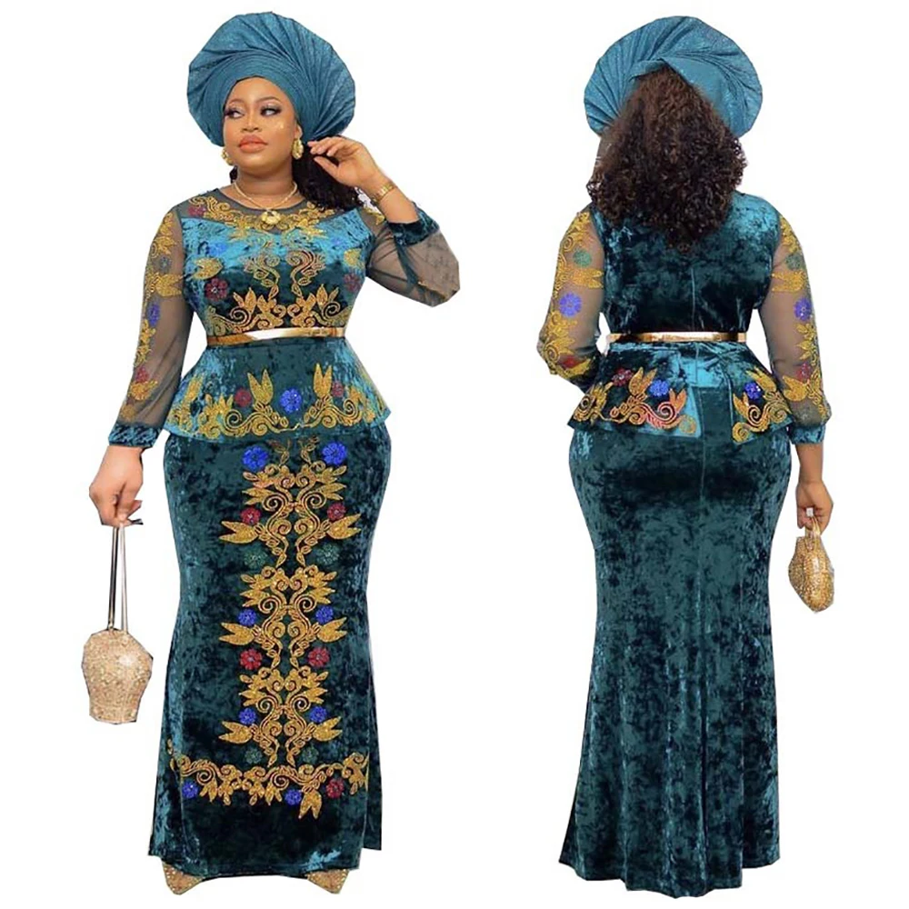 

Plus Size Luxury African Embroidery Dress for Women Elegant Lady Wedding Party Dress Nigerian Dashiki Kaftan Robe with Belt
