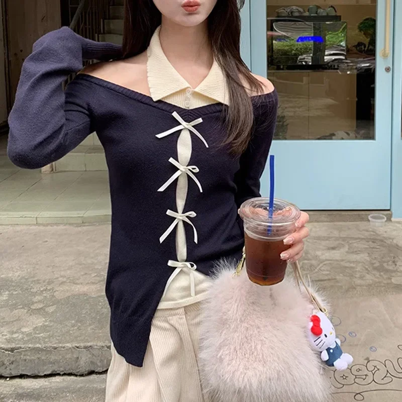 Новинка 2024 женский вязаный топ свитер с открытыми плечами куртка из двух