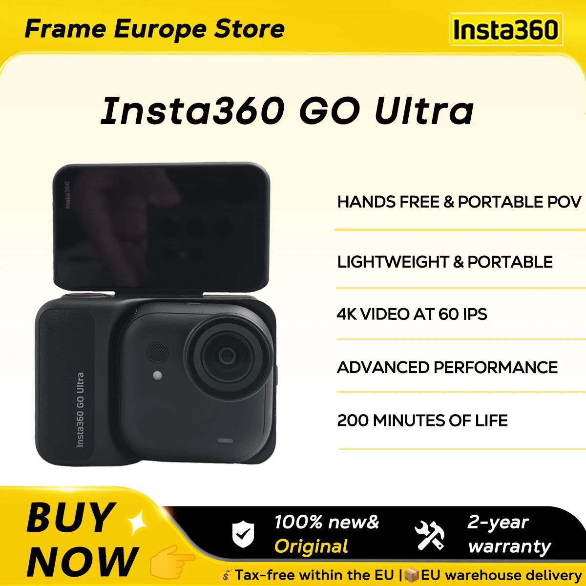 Insta360 GO Ultra - Hands-Free 4K Mini Cam Lightweight & Mobile Top in Low Light Stabilization 200 MinBattery 10m Waterproof New