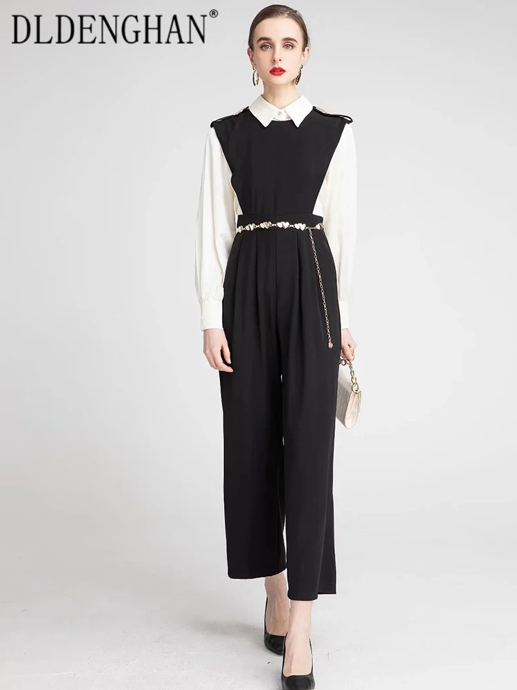 

DLDENGHAN Fashion Designer Spring Suit Women Long Sleeves Single Breasted Shirt + Sashes Black Vest Jumpsuits Two Piece Set