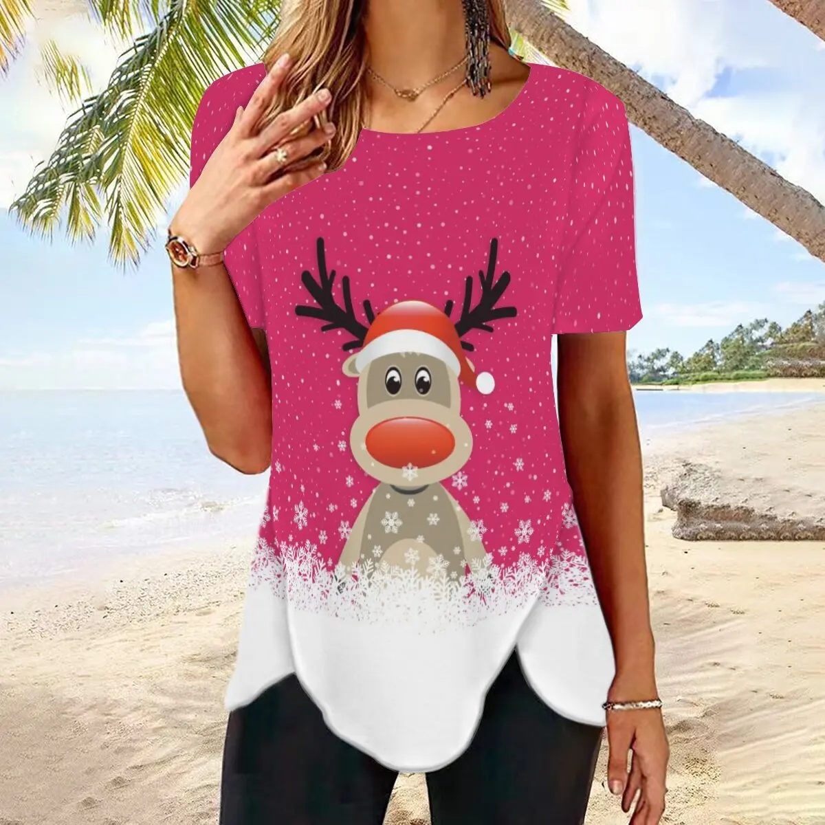 

SNAKE YX XXS-10XL Plus Size Women's Summer New Christmas Print Round Neck Casual Loose Short Sleeve Top