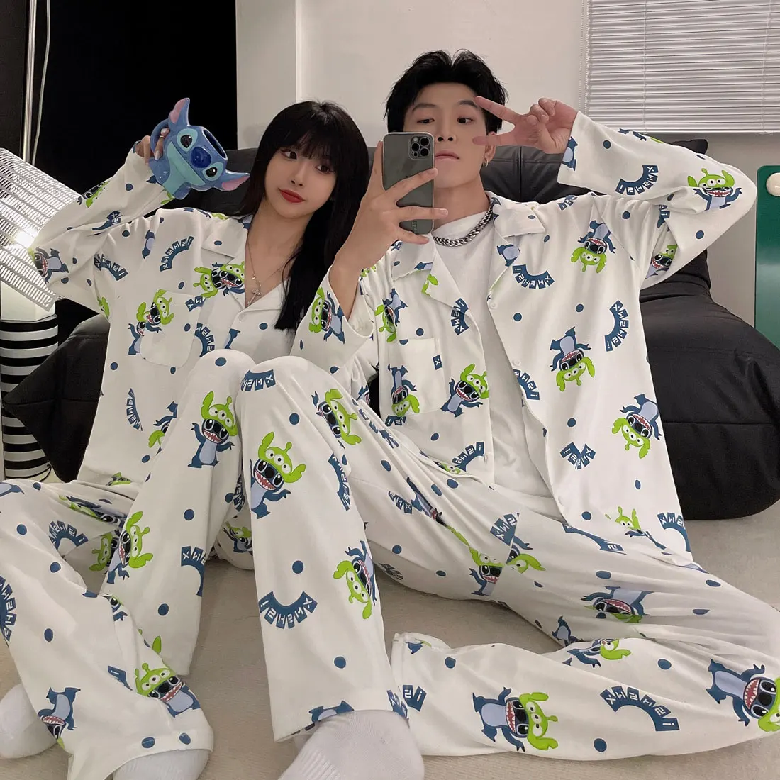 Disney Stitch Sleepwear Cartoon Cotton Pajamas Set for Women Men Couples Long Pants Loungewear Fashion Home Clothing Homewear