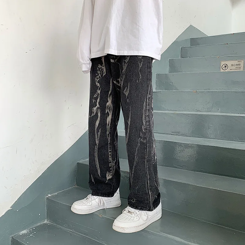 

Tie-dye jeans men Hong Kong style high street casual design handsome wide-leg dad pants