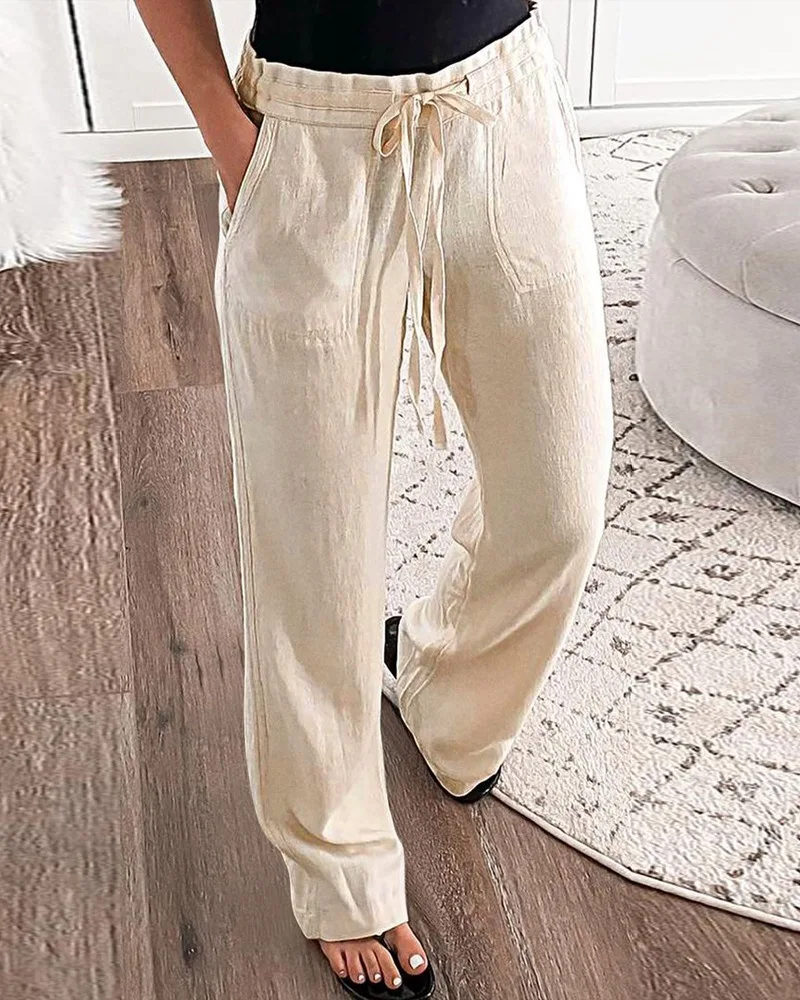 Drawstring Pocket Design Casual Pants Women Loose Sumer Spring High Waist Solid Color Pants Trousers