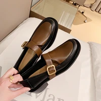 spring new split leather womens loafers shoes mix color buckle decoration women pumps fashion square heels ladies casual shoes
