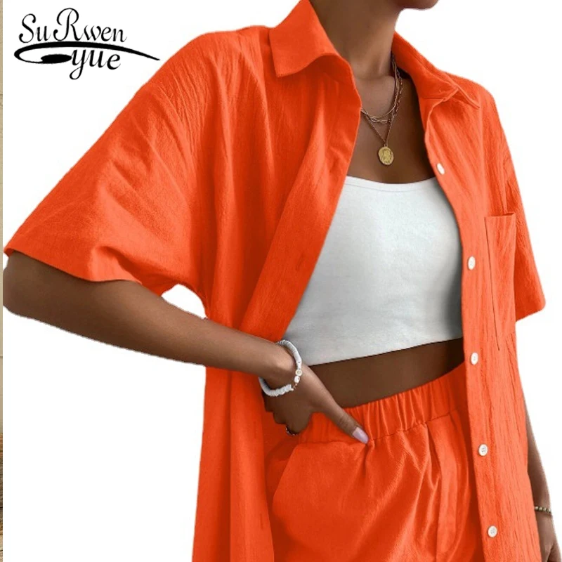 

2023 Fashion Ladies Solid Suits New Summer Shirts 2 Piece Outfits for Women Short Sleeve Blouse + Broad-legged Shorts Set 22365