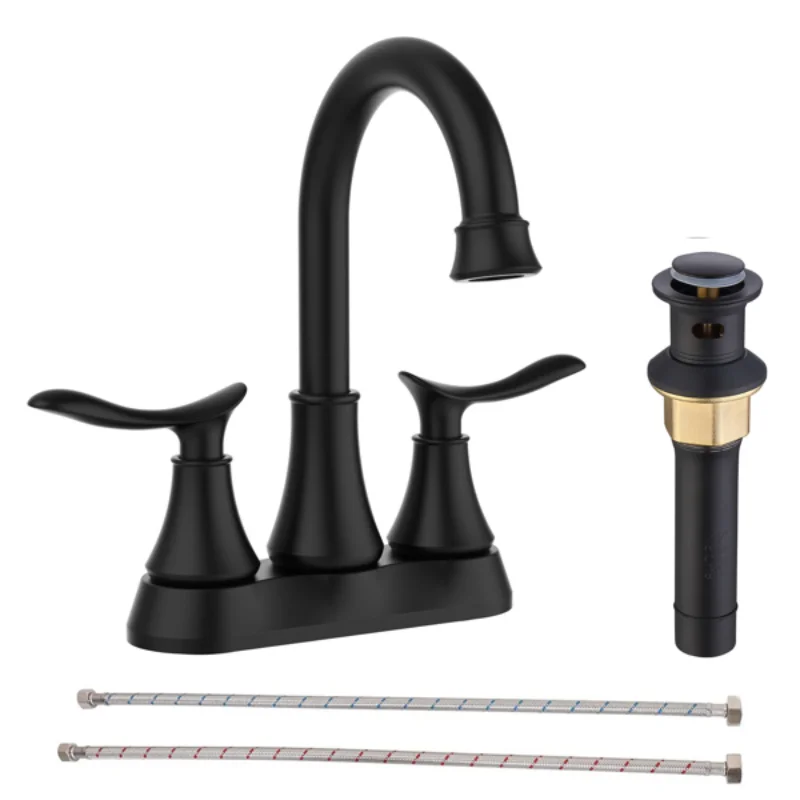 

Bathroom Faucet Matt Black with Pop-up Drain & Supply Hoses 2-Handle 360 Degree High Arc Swivel Spout Centerset 6