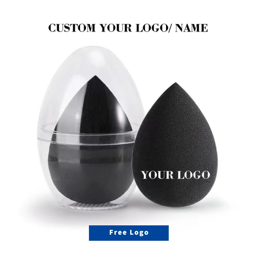 50pcs Customize Logo Black Sponge with Case Wholesale Latex-free Cosmetic Puff Beauty Make Up Face Care Print Art Label