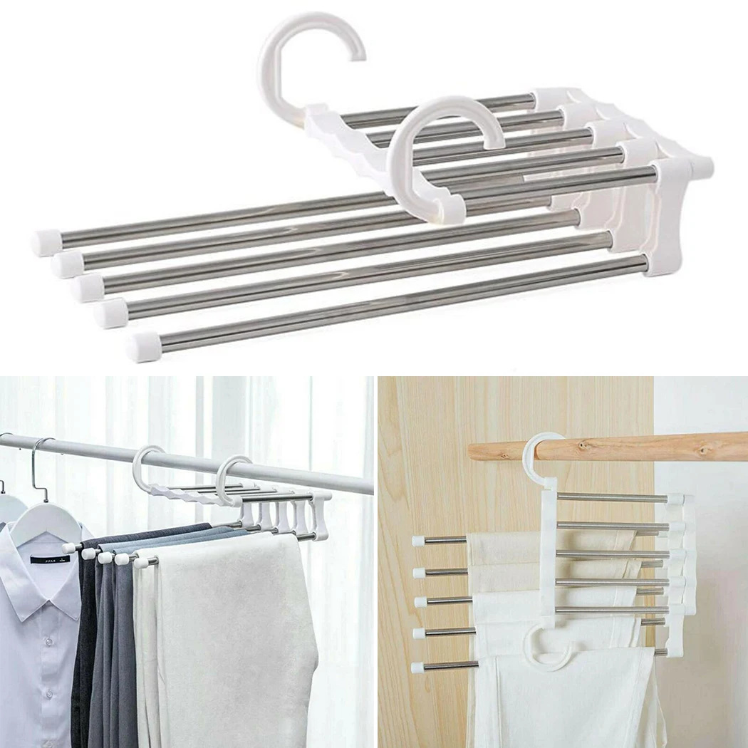 

Multi-functional 5 In 1 Trouser Storage Rack Space Saving Closet Organizer Stainless Steel Adjustable Pants Tie Storage Shelf
