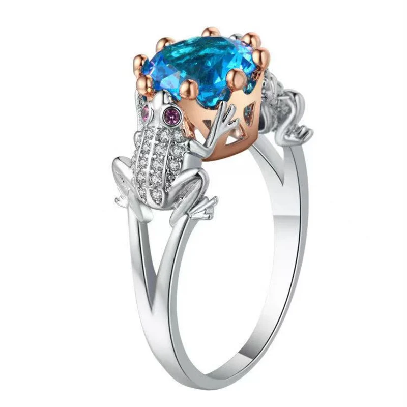 

New Bohemia Tow Tone Frog Prince Rings For Women Shine Blue CZ Stone Inlay Retro Fashion Jewelry Cocktail Party Gift Finger Ring