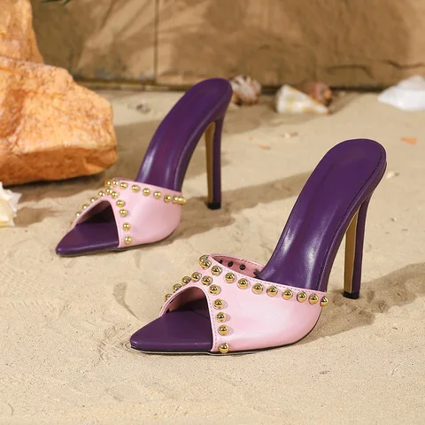 Eilyken/летние модные тапочки с острым носком и металлическими украшениями, женские туфли для стриптиза на тонком каблуке, банкетная обувь, Zapatos De Mujer