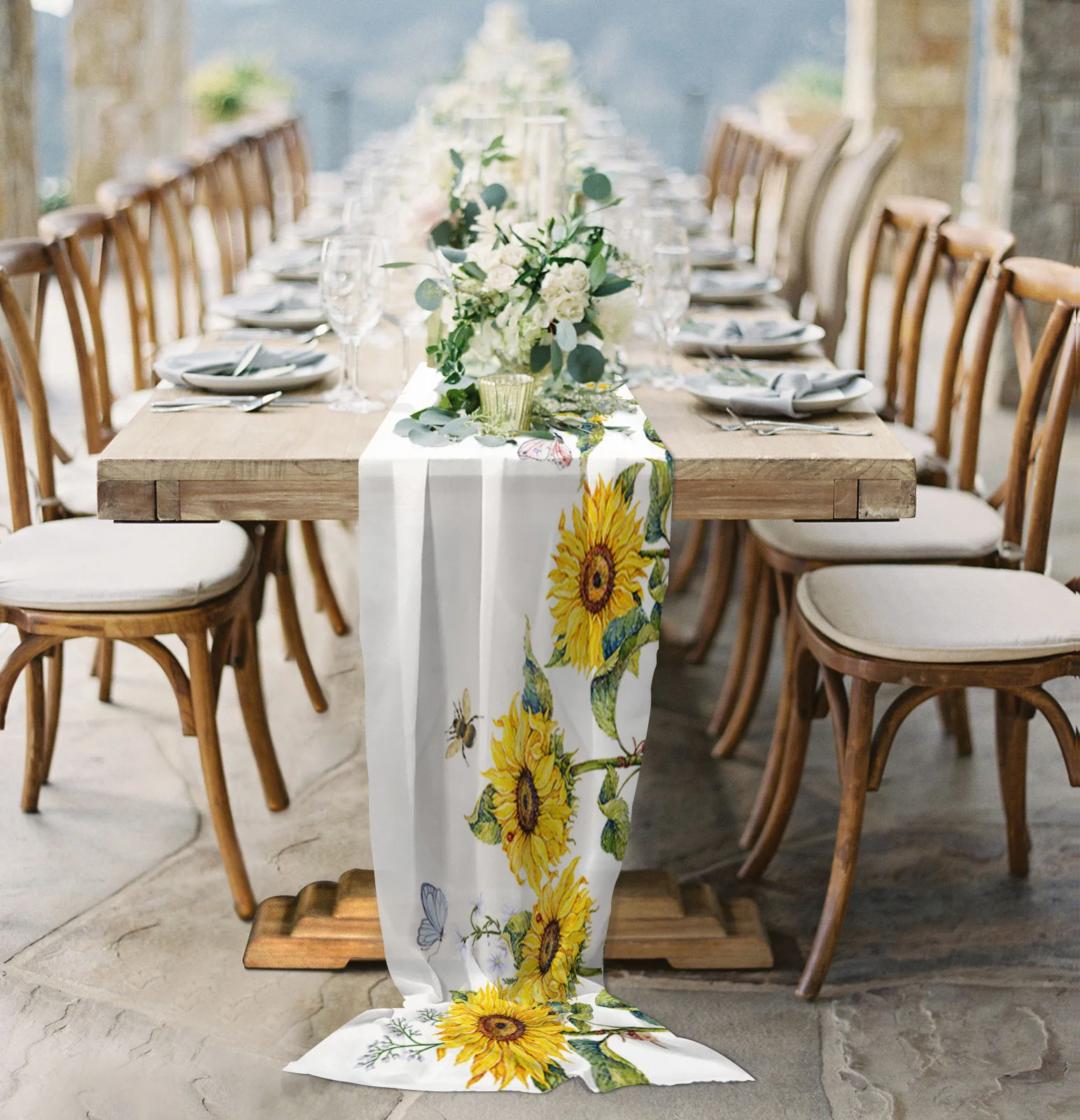 

Sunflower Flower Butterfly White Sheer Chiffon Table Runner Country Wedding Party Tulle Voile Table Cloth Home Decoration