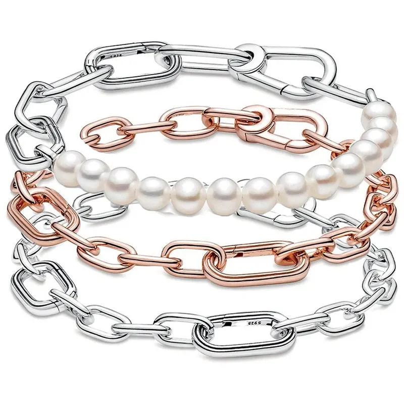 

Original Rose Freshwater Cultured Pearl Small Link Chain Bracelet 925 Sterling Silver Bangle Fit Europe Bead Charm Diy Jewelry