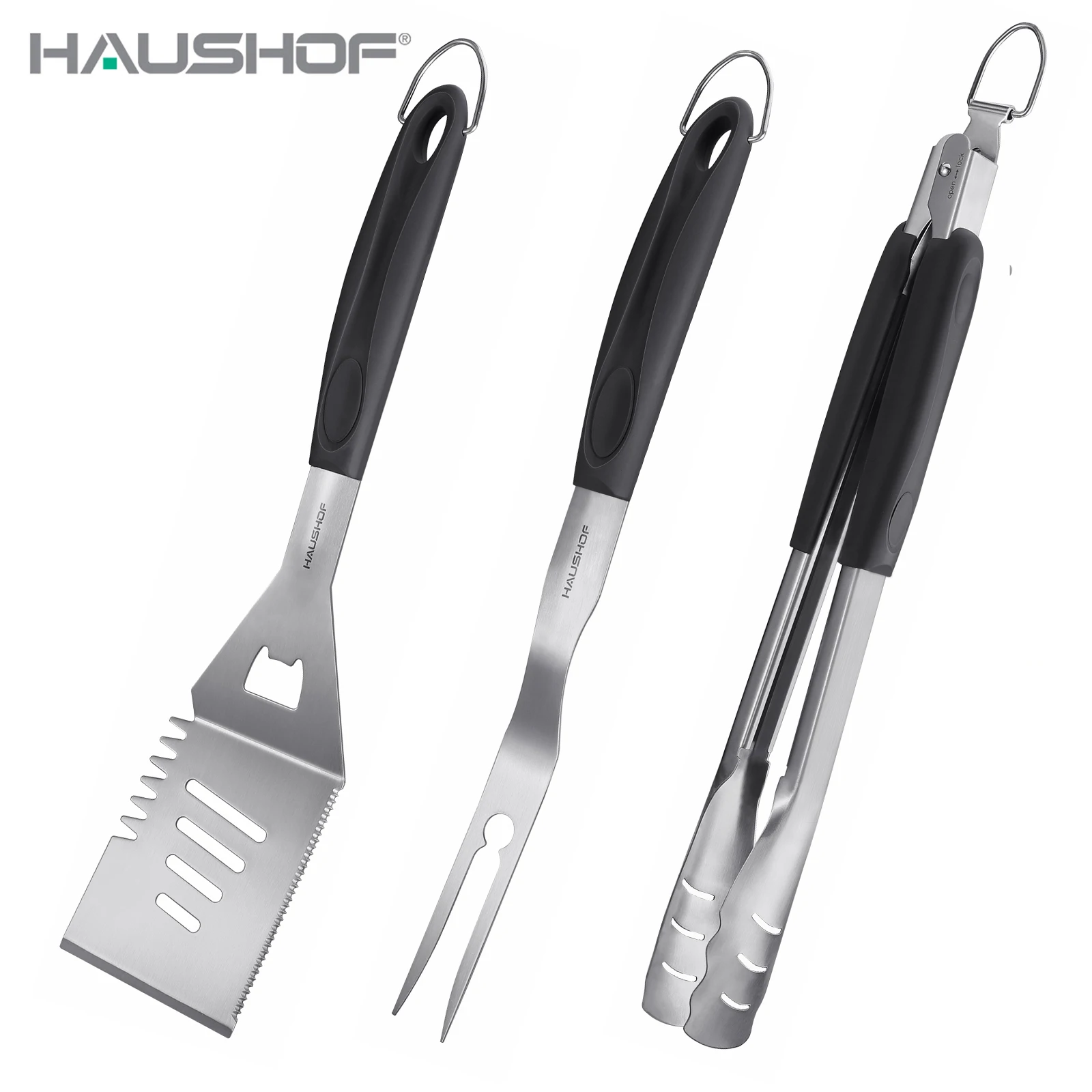 

HAUSHOF 3PC Heavy Duty BBQ Grilling Tool Set Food Safe Grade Stainless Steel Barbeque Tools Combination with Hook Polish Kits