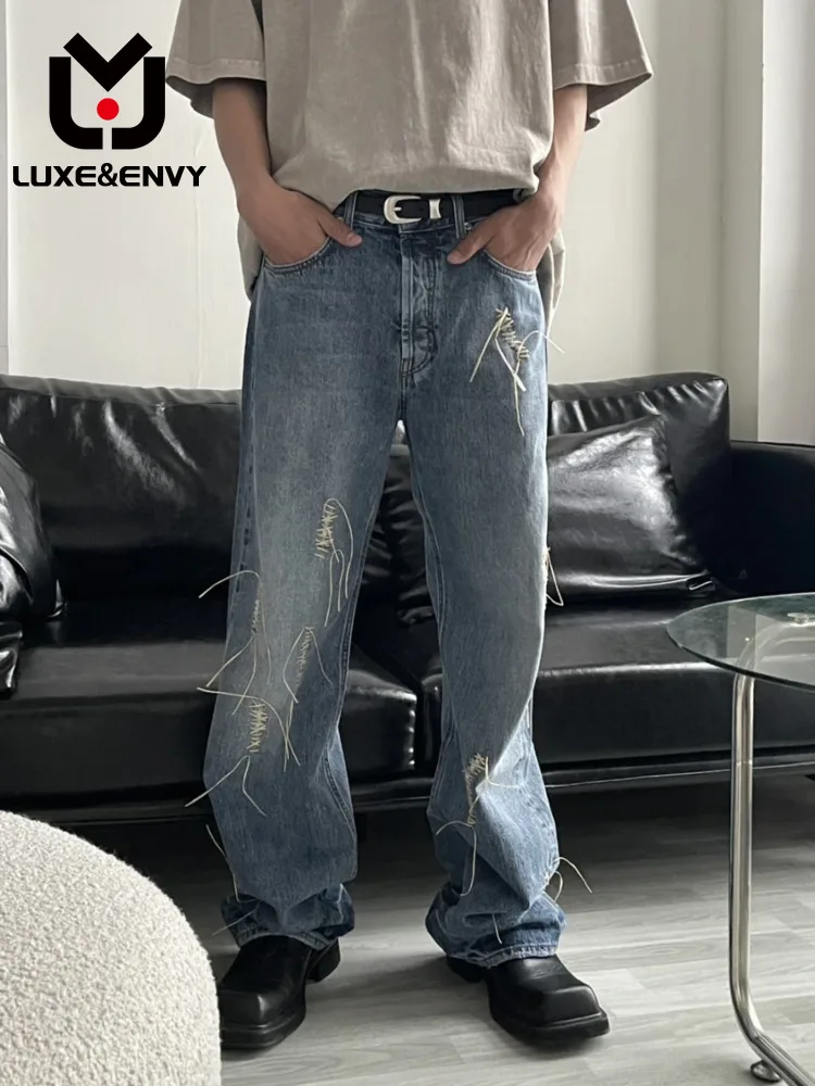 

Винтажные прямые свободные джинсы люкс & ENVY, сшитые вручную поврежденные, повседневные, весна-лето 2023 г.