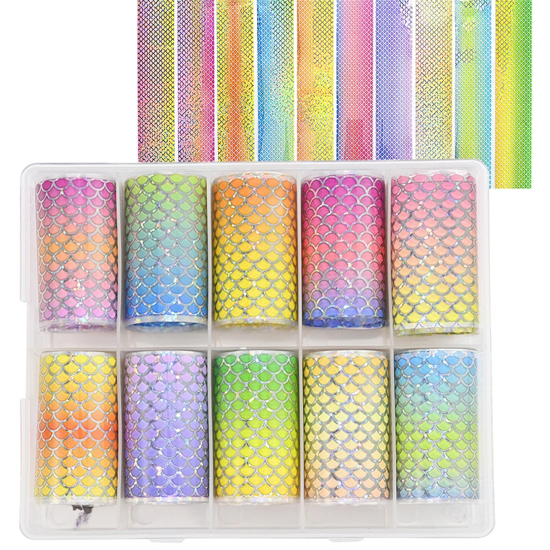 

10Roll/Box Fish Scale Nail Foil 4*100cm Laser Holographic Gradient Mermaid Wave Starry Sky Paper Transfer Sticker DIY Nail