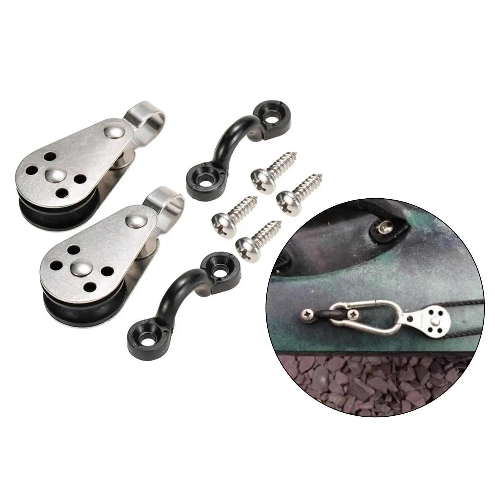 

Stainless Steel Kayak Pad Eyes Kit 2 Pulley Blocks W/ Screws C Type Buckle Nylon Accessory Gear Parts for Tie Down Boat Rigging