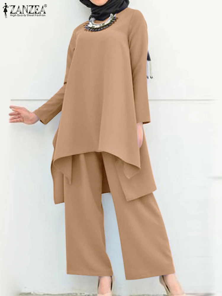 

ZANZEA Eid Mubarek Muslim Outfits Women Long Sleeve Blouse & Wide Leg Pants Turkey Abaya Causal Matching Sets Islamic Clothing