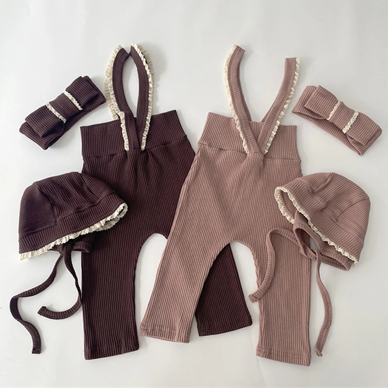 

Toddler Baby Girl Knitted Overalls Spring Autumn Solid Pit Striped Lace Suspender Trousers for Infants Cotton Basic Kids Clothes