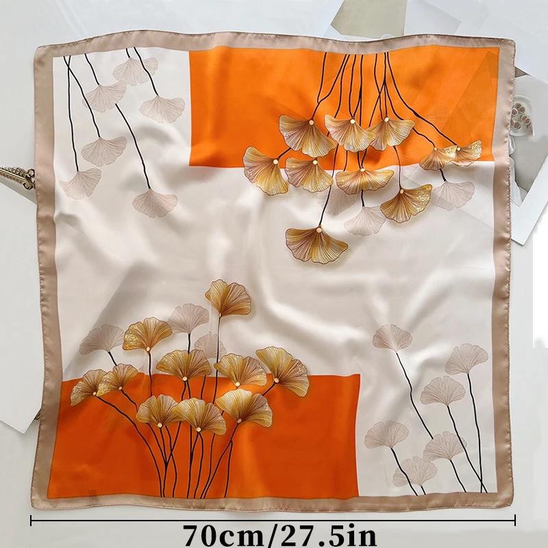 Шелковый Шарф 70 См Для Женщин С Принтом Листьев Гинкго Свежий Геометрический