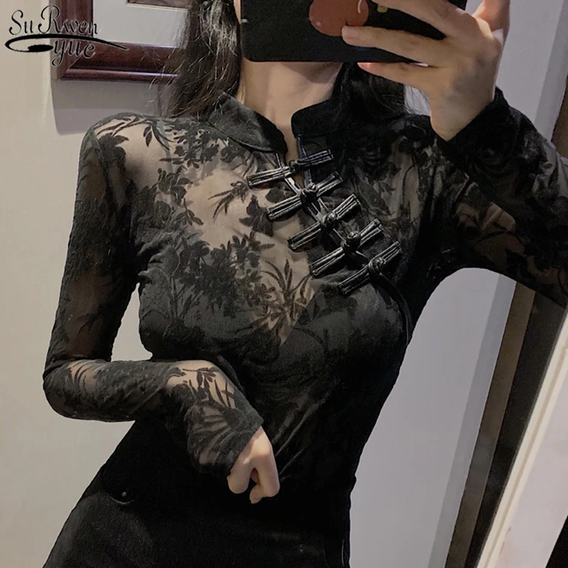 

Shirts and Blouses Fashion Lace Woman 2023 Long Sleeve Slim Chinese Turtleneck Black Sexy Top for Women See Through Y2k 11350