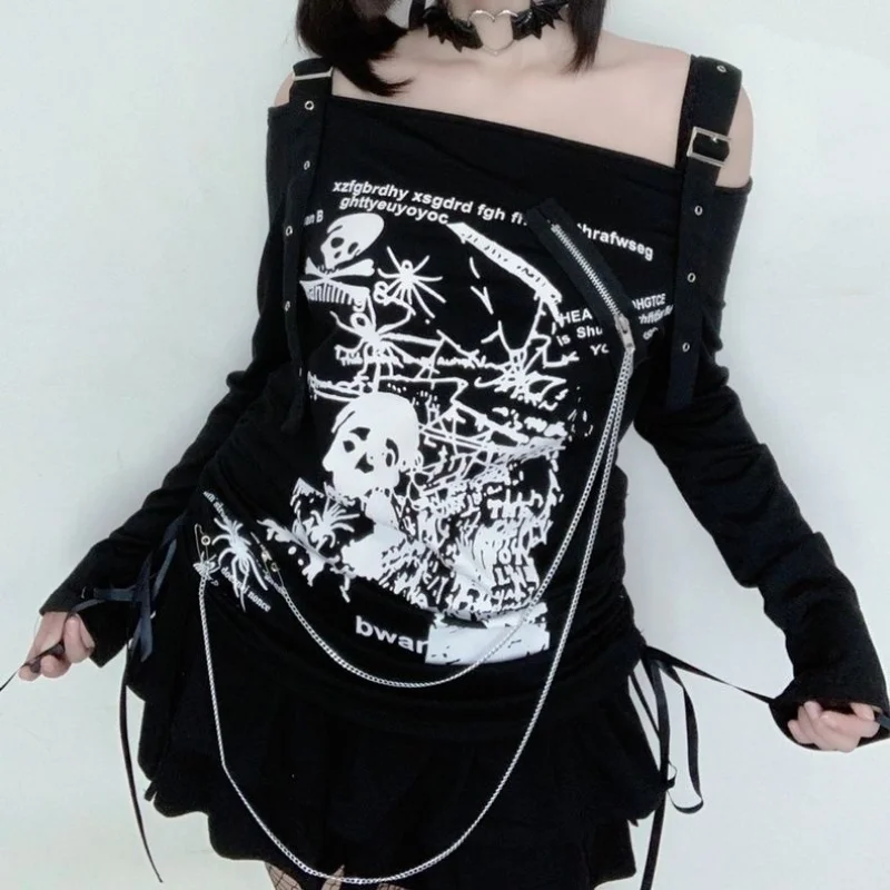 

Hikigawa Chic Fashion Women Y2k Gothic Punk Style Off Shoulder Dark Slash Neck Top Mujer Drawstring Loose Pullover Sweatshirts