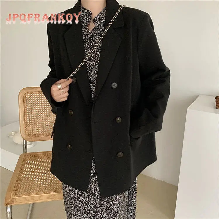

[JPQF] Suit Jacket Female Black 2022 Spring Autumn New Korean Version Loose Fashion Simple Commuter Joker Double-breasted S-XXL