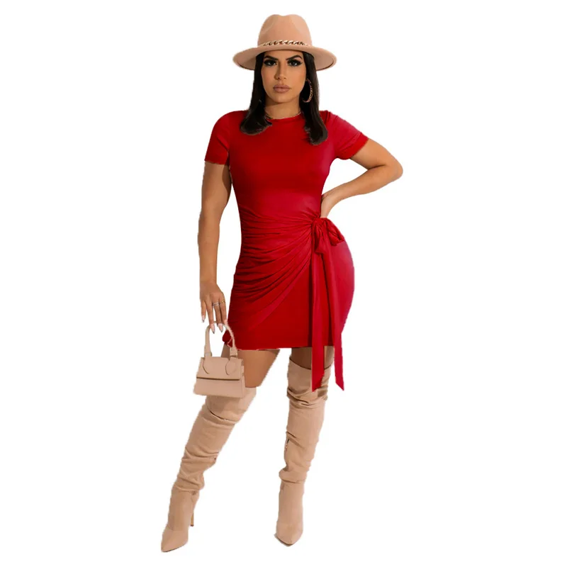 

Zoctuo Women Bodycon Dresses Round Neck Short Sleeve Summer Dress Lace Up Ruched Bandage Solid Vestidos Club Party Streetwear
