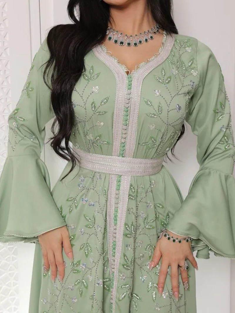 India Turkey Muslim Abaya Dresses Women Elegant Diamond Wedding Evening Party Dress Lace Belted Jilbab Abaya Morocco Caftan Robe